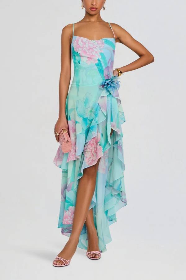 Vacation Floral Print Spaghetti Strap Backless Asymmetrical Ruffle Maxi Dress