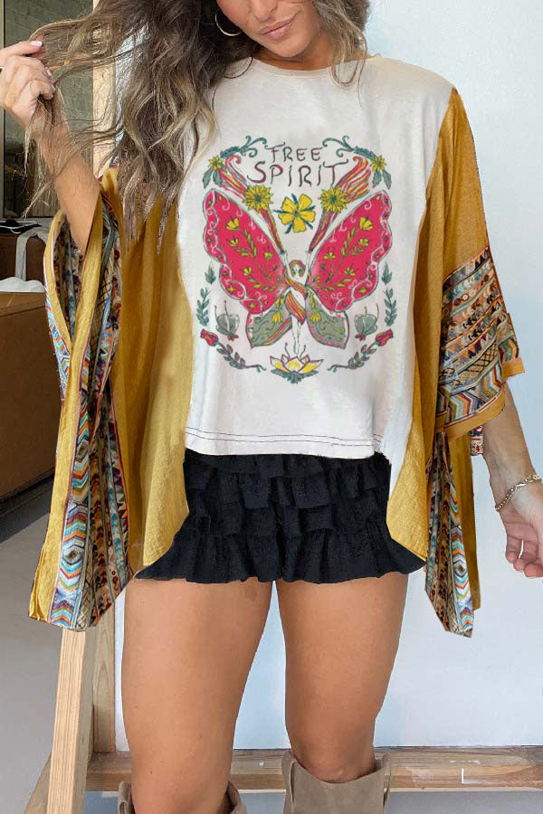 Bohemian butterfly print paneled top