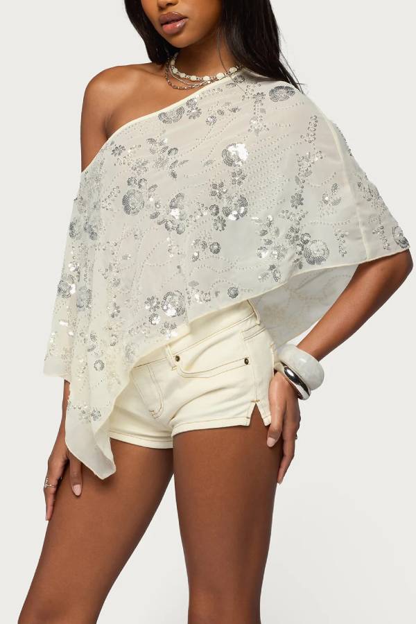 One Shoulder Irregular Sequin Mesh Cover Up Top, Boho Holiday Asymmetrical Crop Blouse