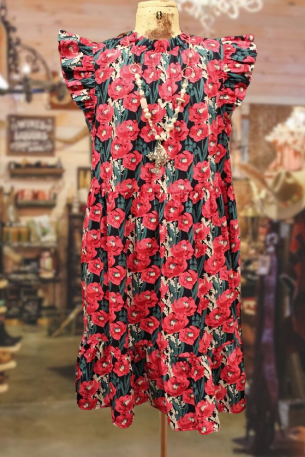 Floral Print Mock Neck Ruffle Sleeve Dress