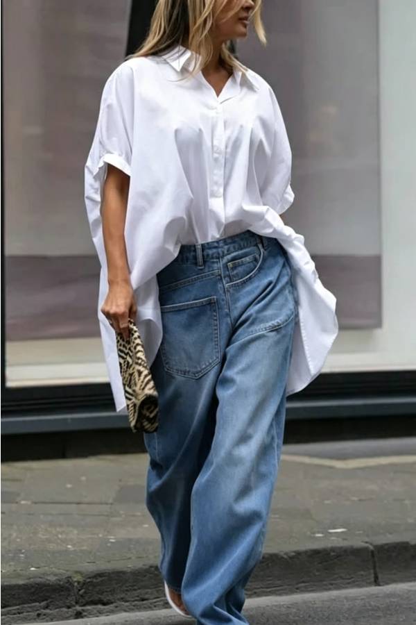 Tania Cotton Blend Button Up Wide Sleeve Oversized Long Shirt