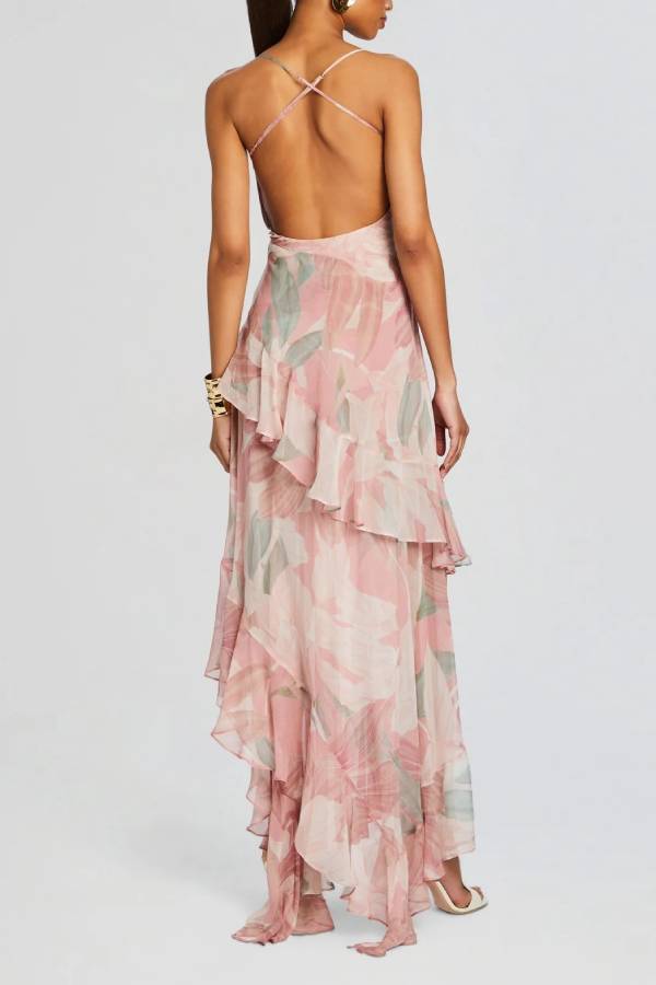 Vacation Floral Print Spaghetti Strap Backless Asymmetrical Ruffle Maxi Dress
