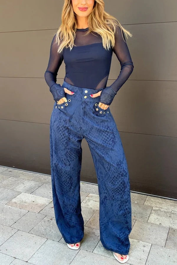 Free Moment Animal Print Metal Ring Design Pocket Wide Leg Pants