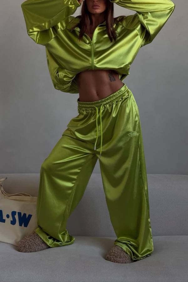 Shiny Satin Cropped Zip Jacket Wide Leg Track Pants Two Piece Y2K Casual Co-Ord Set