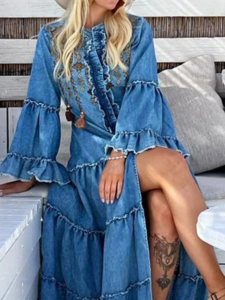 Casual Denim Ruffle Split Tiered Maxi Dress