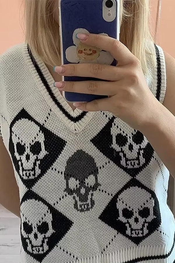 Halloween Skull Argyle Knit Sweater Vest
