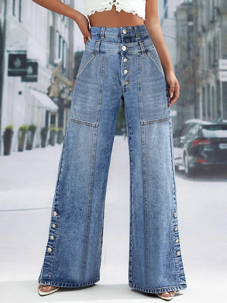 UR Daily Spliced Button Denim Straight Wide Leg Jeans