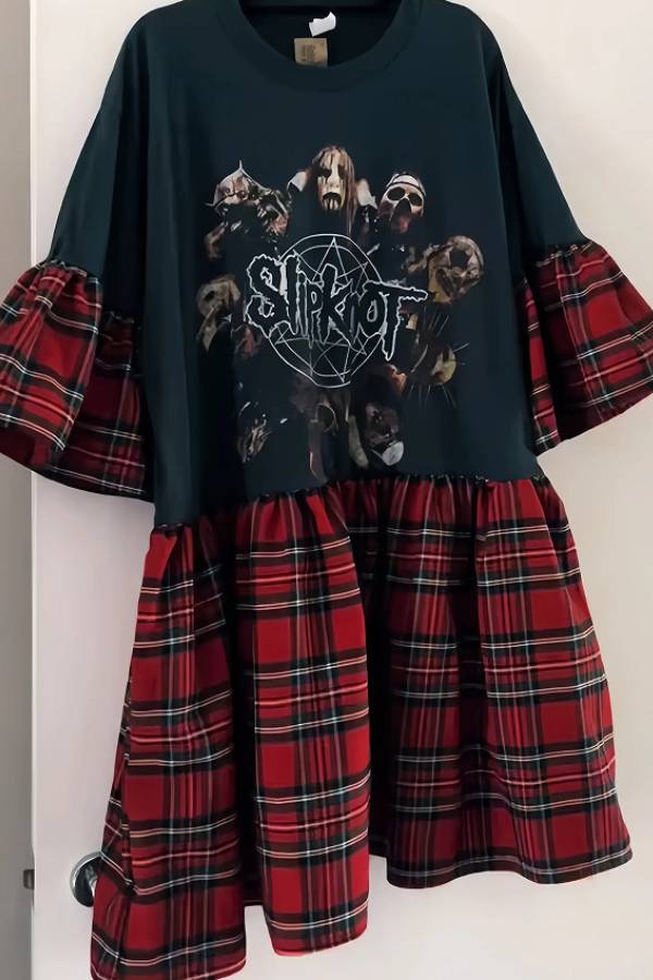 Slipknot Graphic Red Tartan Flounce Sleeve Dress