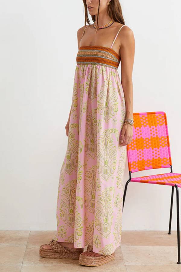 Boho Paisley Print Smocked Bandeau Spaghetti Strap High Waist Maxi Dress