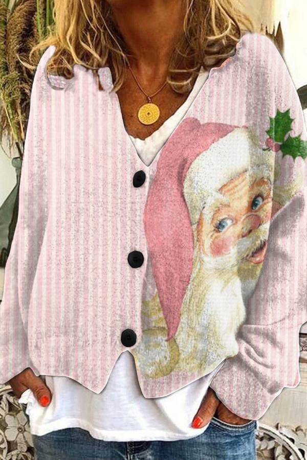 Christmas-themed V-neck single-breasted loose-fitting knit cardigan