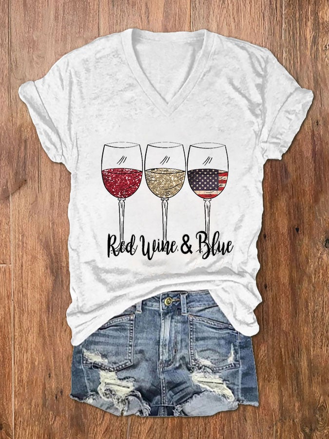 Women's Red Wine Blue Red Wine Glass Flag Print V-Neck Basic T-Shirt