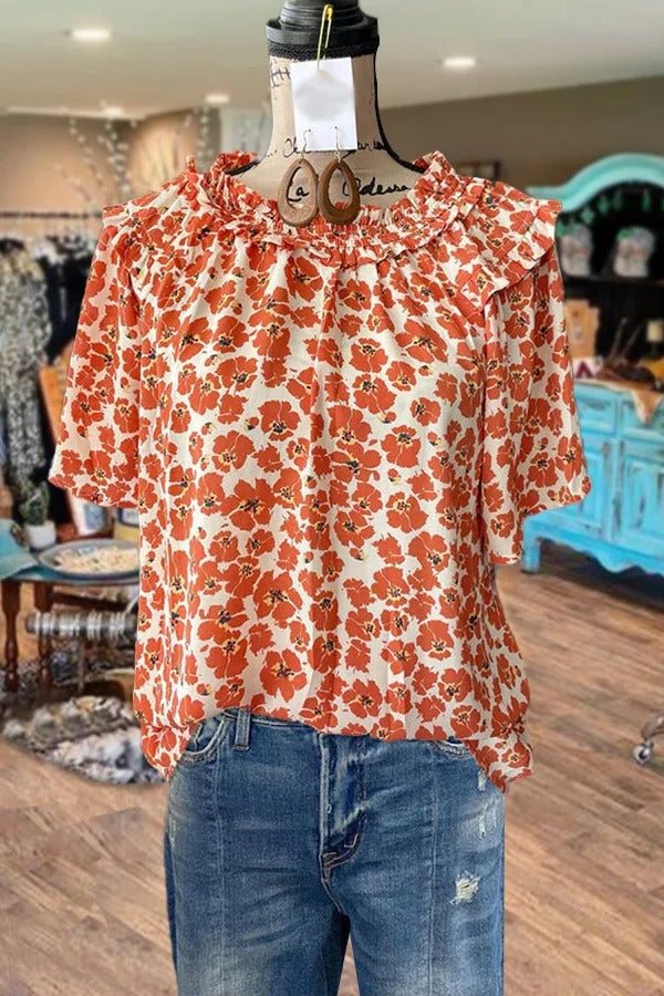 Floral Print Ruffle Short Sleeve Top