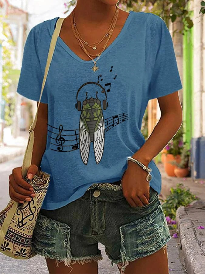 Women's The Great Cicada Comeback Tour 2024 Year Of The Cicada Print V-Neck T-Shirt