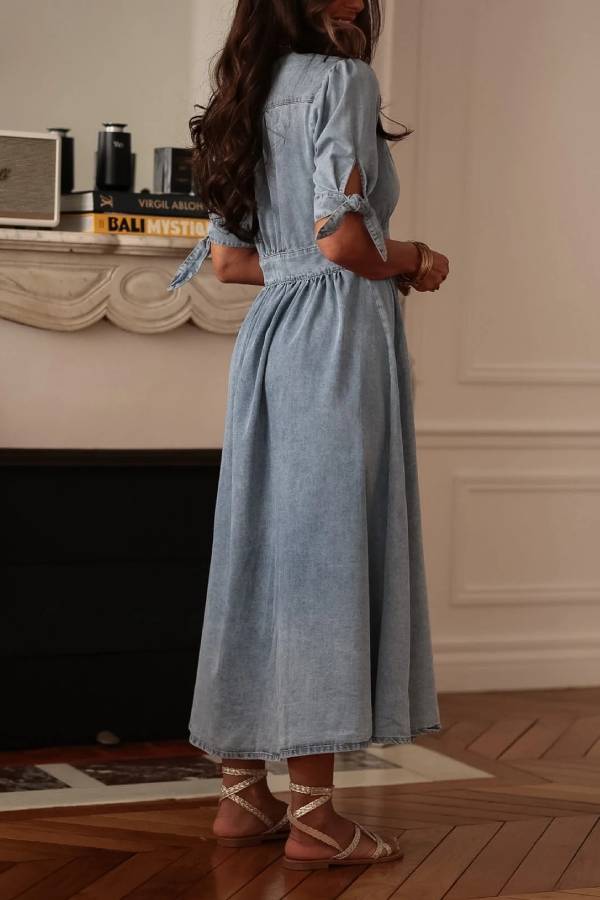 French V-Neck Waisted Button Front Slit Tencel Denim Midi Dress