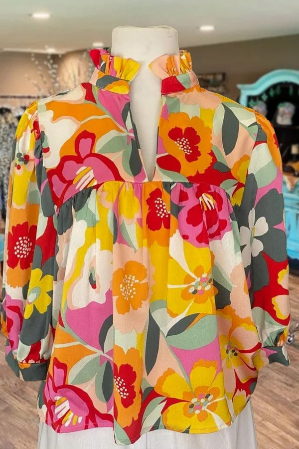 Colorful Floral Print Three Quater Sleeve Top