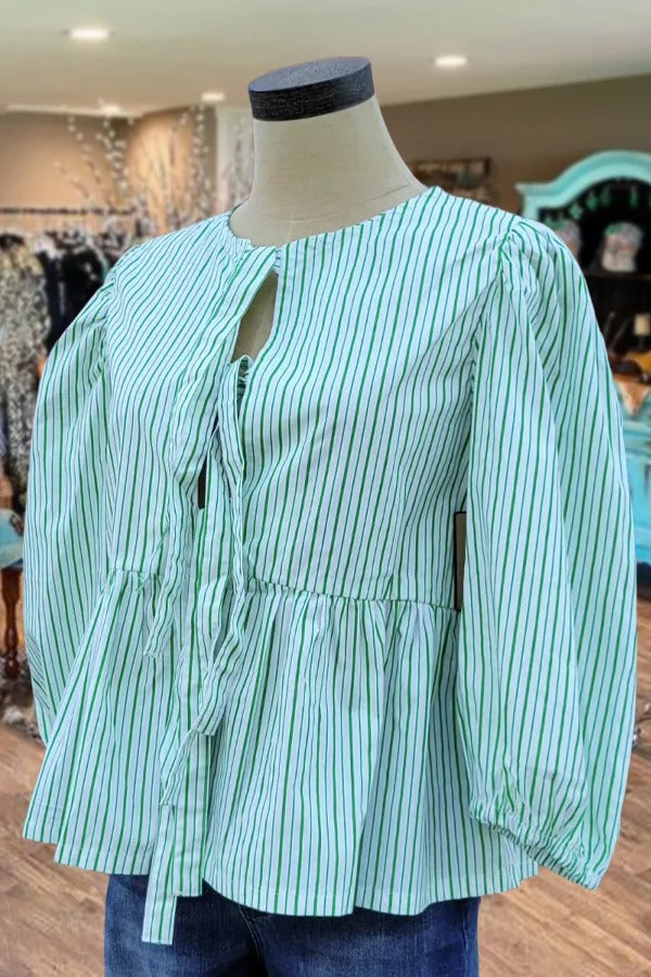 Striped Bubble Sleeve Bow Tie Front Babydoll Blouse