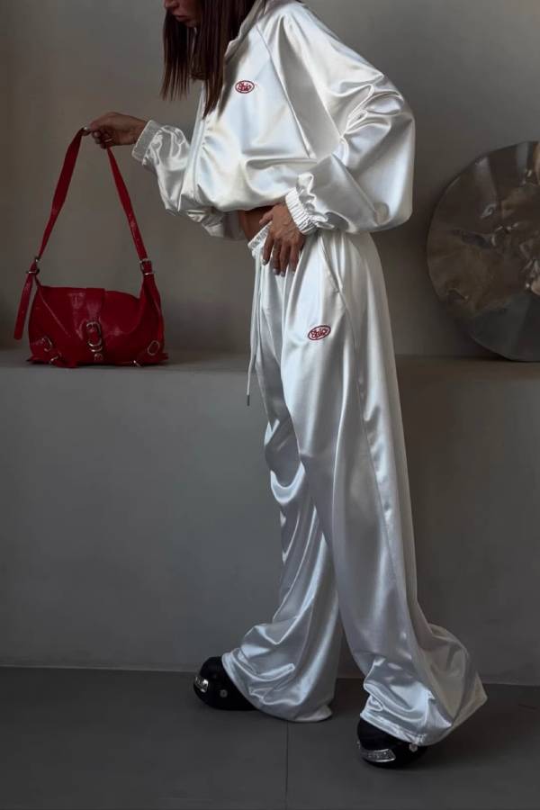 Shiny Satin Cropped Zip Jacket Wide Leg Track Pants Two Piece Y2K Casual Co-Ord Set