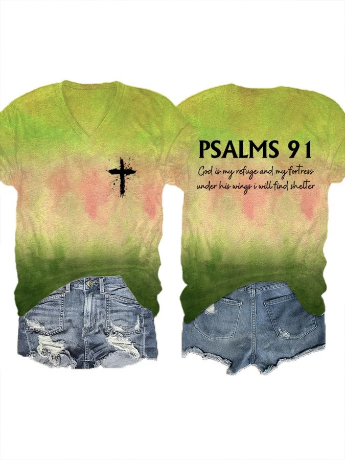 Women's Psalms 91 Bible Verse Printed V-Neck T-Shirt