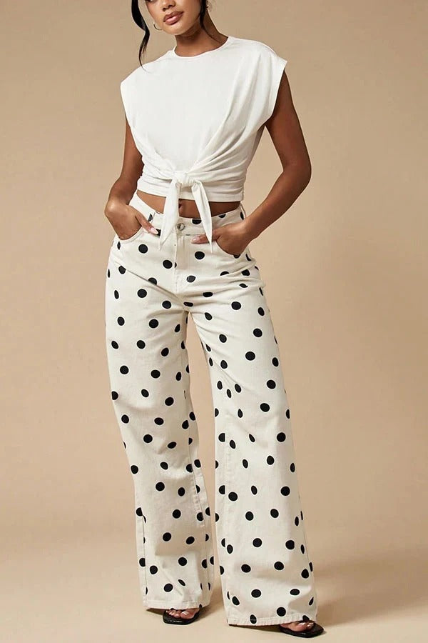 Retro Style Polka Dot Print High Waist Pocketed Wide Leg High Waisted Jeans