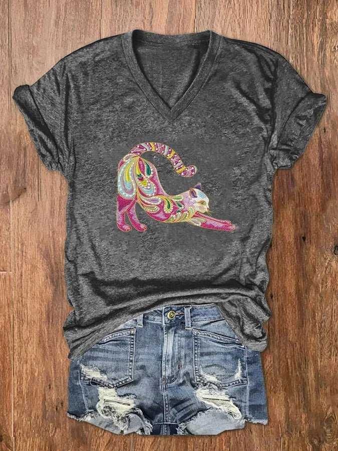 Women's Cat Embroidery Print V-Neck T-Shirt