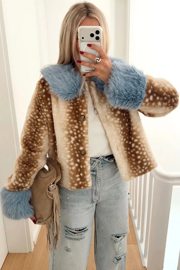 Trendy Faux Fur Spotted-Print Colorblock Furry Collar Button Up Loose Coat