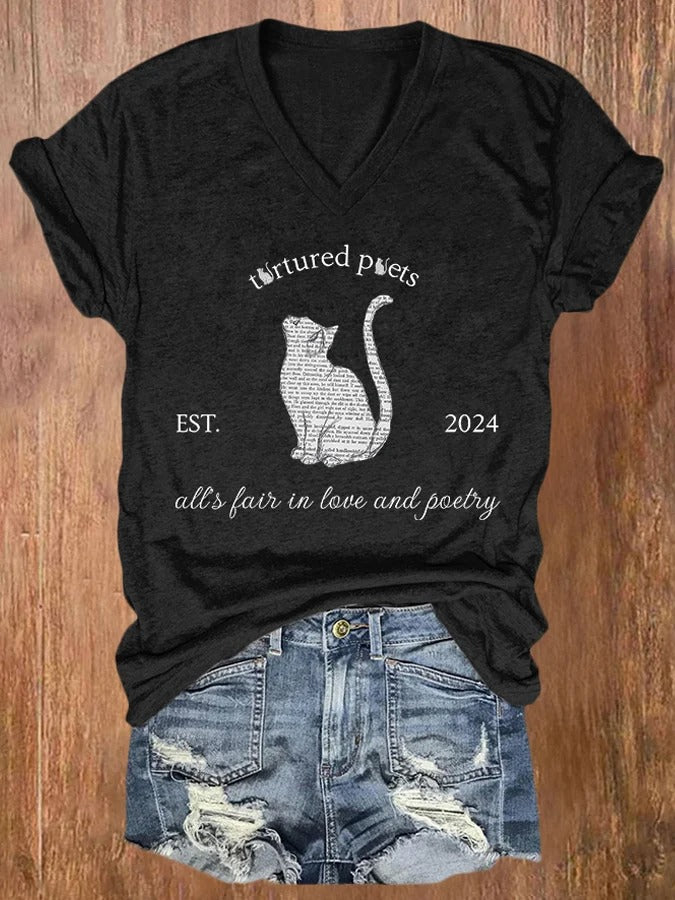 Women's All’s Fair In Love And Poetry Print Casual V Neck T-shirt