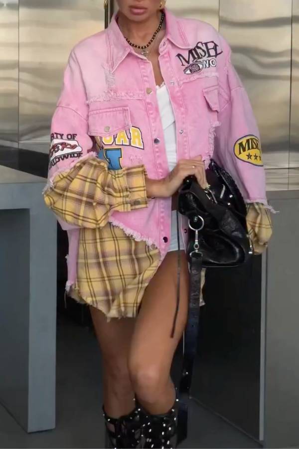 Patchwork Plaid Print Raw Edge Denim Jacket