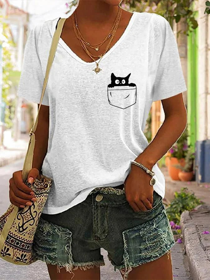 Women's Black Cat Funny Print V-Neck T-shirt