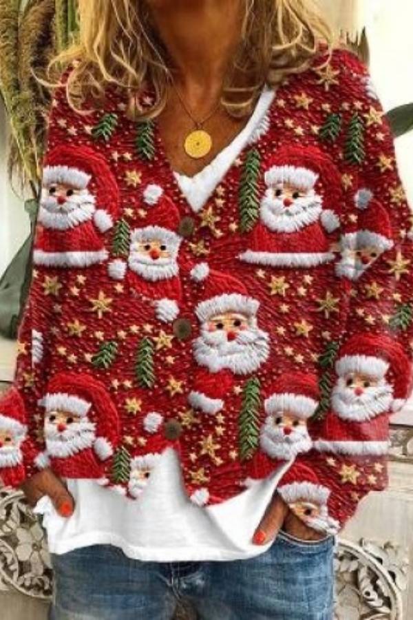 Christmas-themed V-neck single-breasted loose-fitting knit cardigan