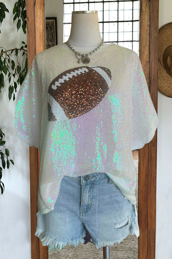 Rugby Print Puff Sleeve Sequined Top