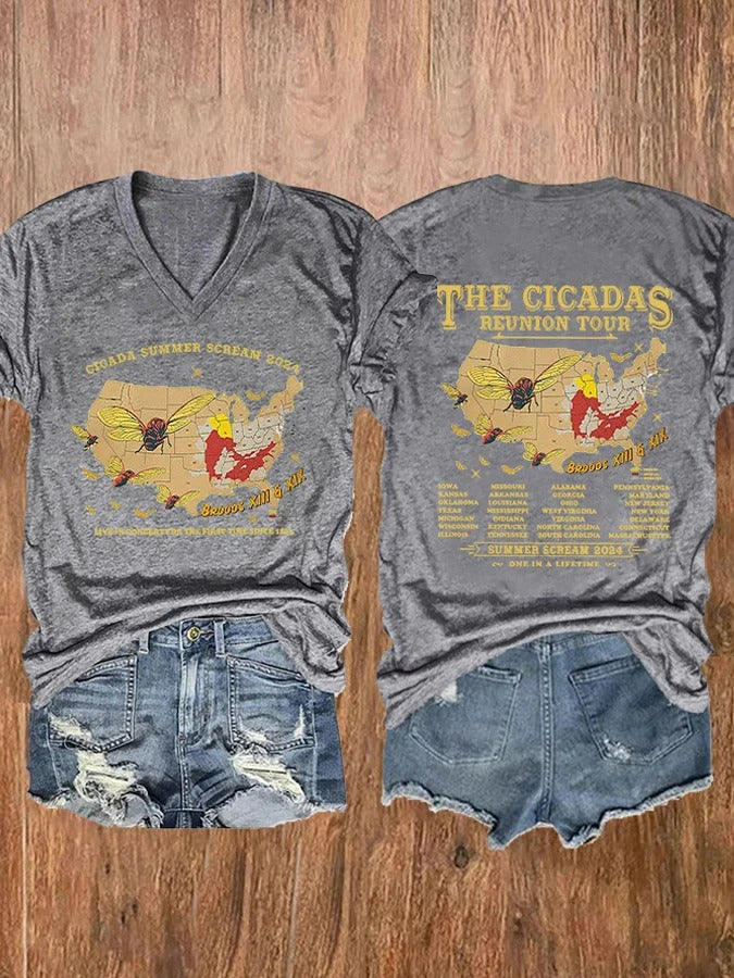 Women's Cicadas Summer Scream 2024 Print V Neck T-shirt