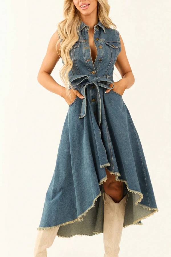 Sleeveless Collared Denim Belted Waist Irregular Raw Hem Midi Dress