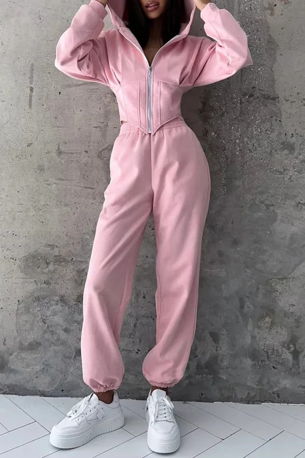 Solid Color Waist Corset Hooded Sweatshirt Jacket and Elastic Waist Athletic Jogger Pants Set
