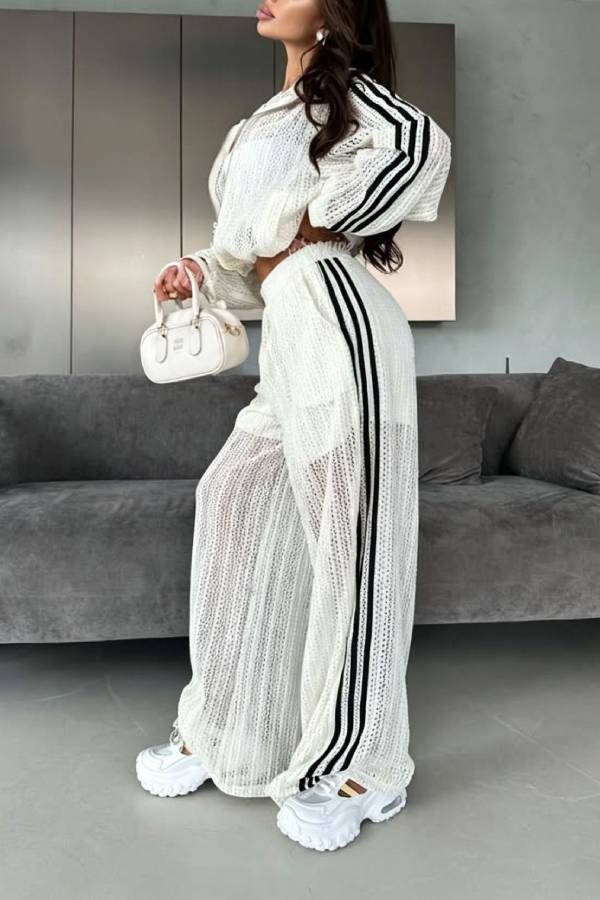 Casual Sporty Hollow Knit Stripe Cropped Jacket & Wide‑Leg Pants Two‑Piece Set