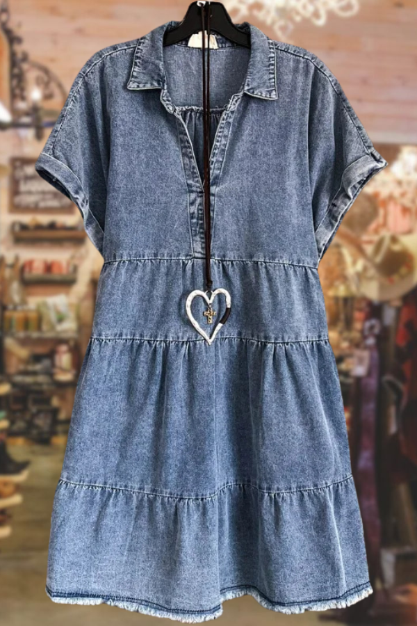 Vintage Dolman Sleeve Fringe Hem Denim Dress