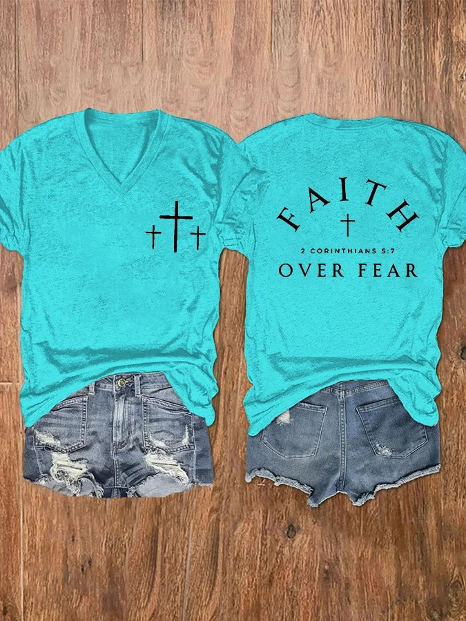 Women's Faith Over Fear Cross Print V-Neck T-Shirt