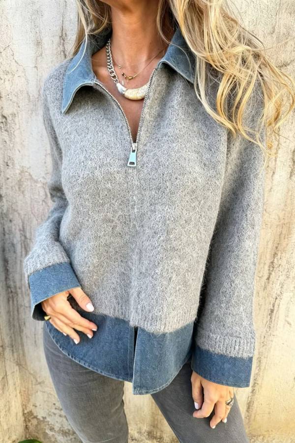 Denim Spliced Half Zip Faux-Not Two Piece Fluffy Sweater