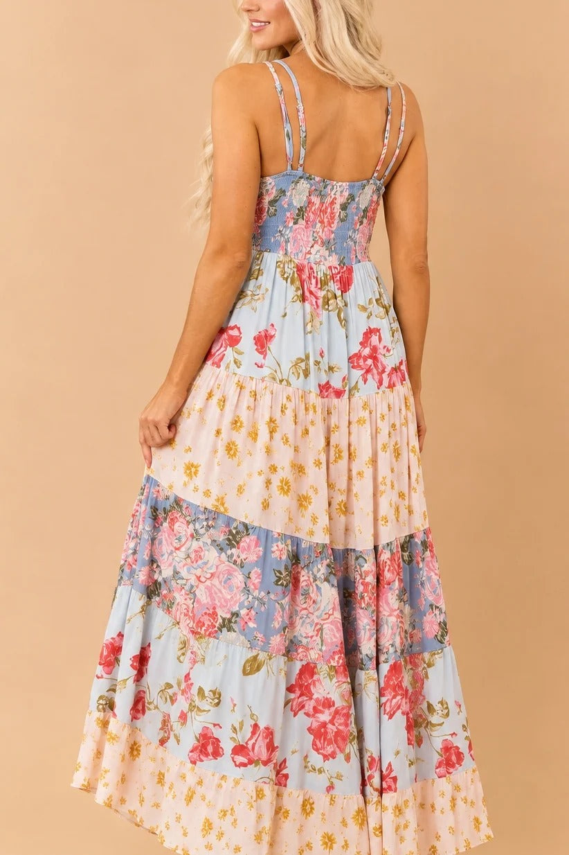 Multicolor Printed Lace Inset Tiered Maxi Dress