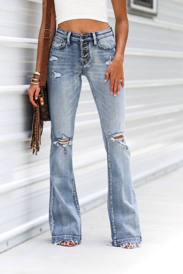 High Rise Button Fly Distressed Frayed Flare Jeans