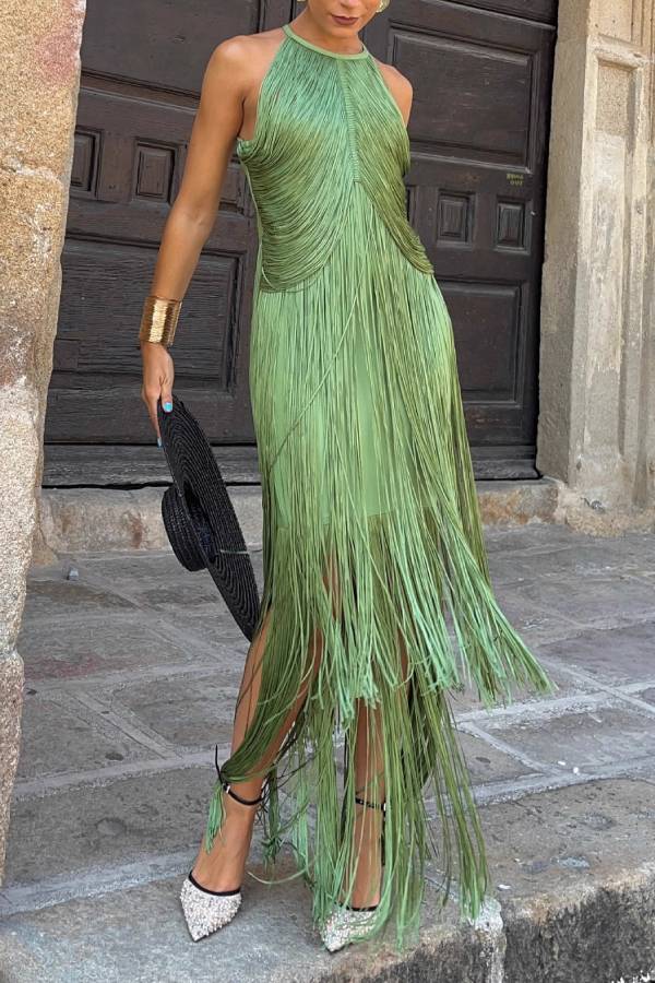 Halter Fringe Long Evening Dress