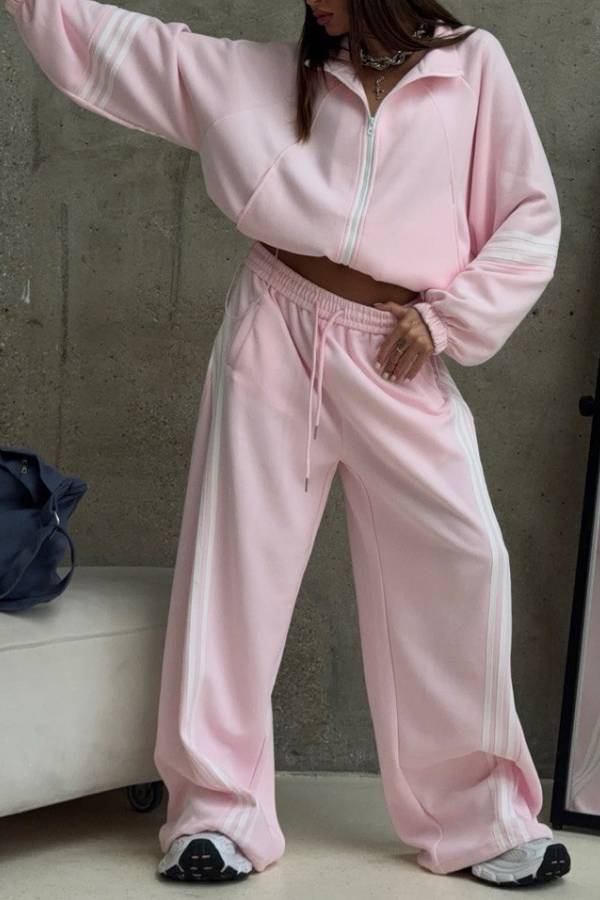 Side Stripe Cropped Zip Sweatshirt Wide Leg Pants Two Piece Set