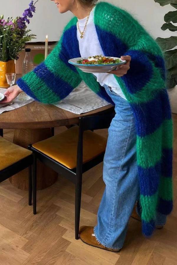 Color‑Block Stripe Mohair Long Knit Cardigan