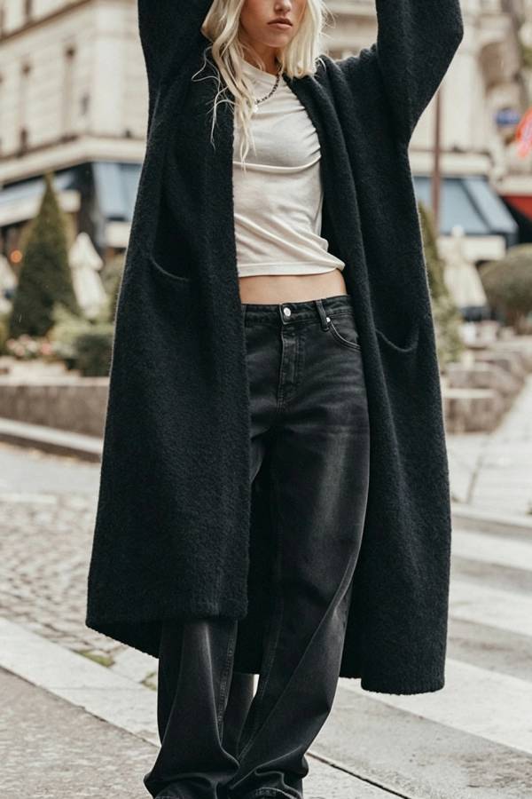 Comfortable Vib Knit Open Front Pocketed Oversized Midi Cardigan