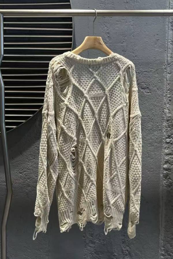 Distressed Ripped Letter V‑Neck Argyle Sweater
