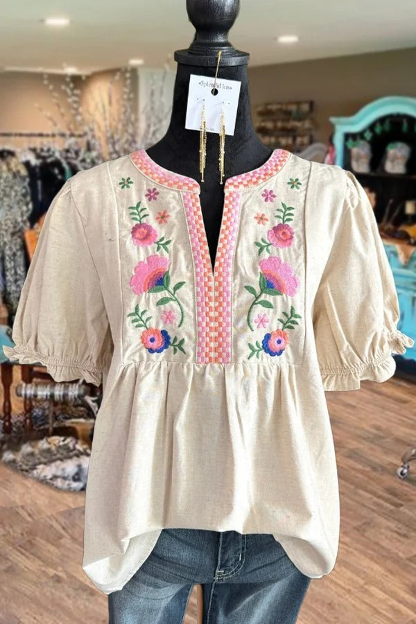 Floral Embroidered Cuff Short Sleeve Top