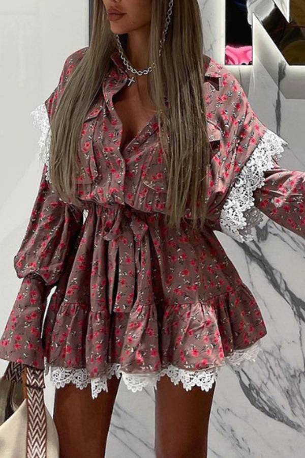 Ditsy Floral Lace Trim Waist‑Tie Shirt Mini Dress