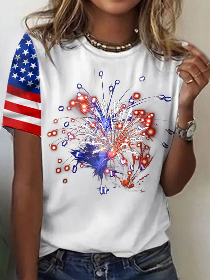 Women's Flag Fireworksa Independence Day Print Casual T-Shirt