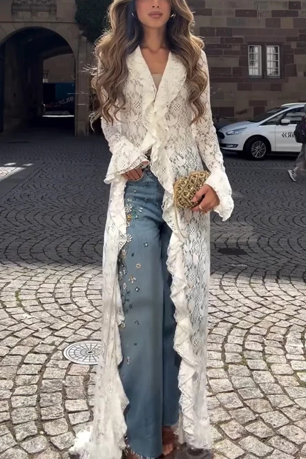 Vivianna Floral Lace Ruffles Trim Long Bell Sleeve Lapel Maxi Dress