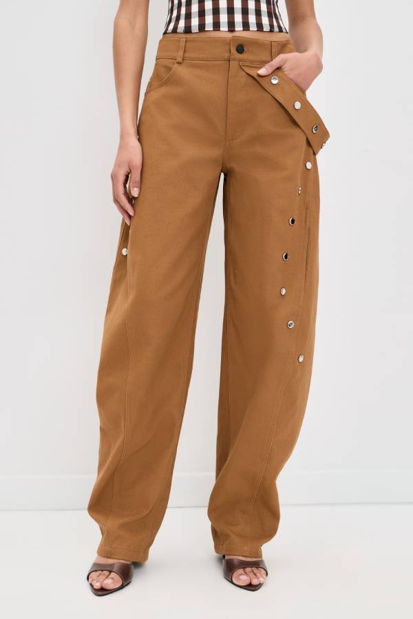 Kazina Mid Waist Silver Stud Detail Decorative Side Straps Pocket Barrel Pants