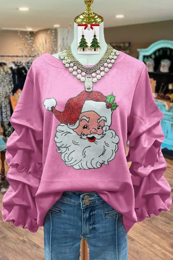 Christmas Santa Print Ruched Sleeve Top